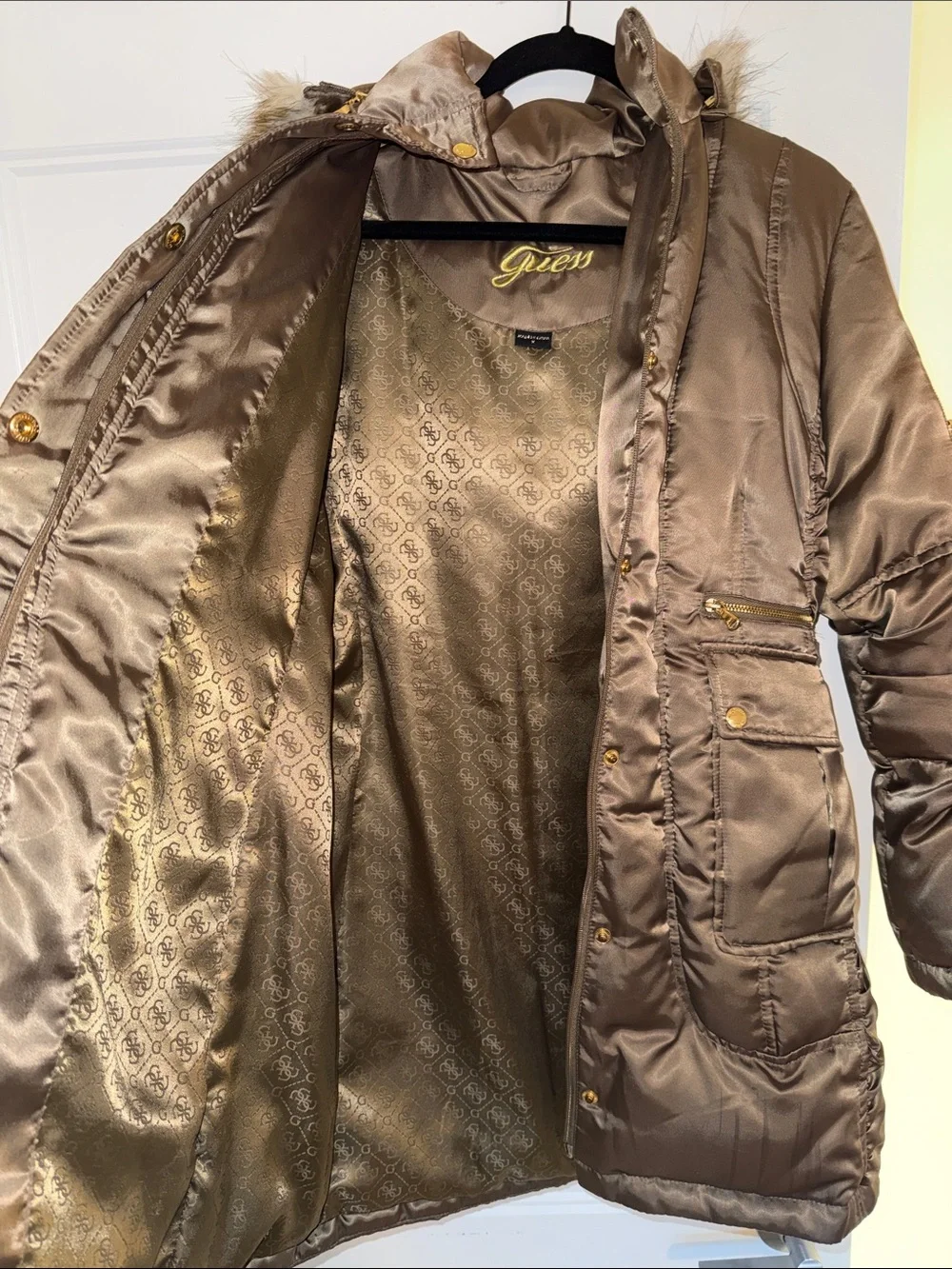 Guess Brown Quilted Puffer Parka with Faux-Fur Trim Hood - Picture 3 of 8